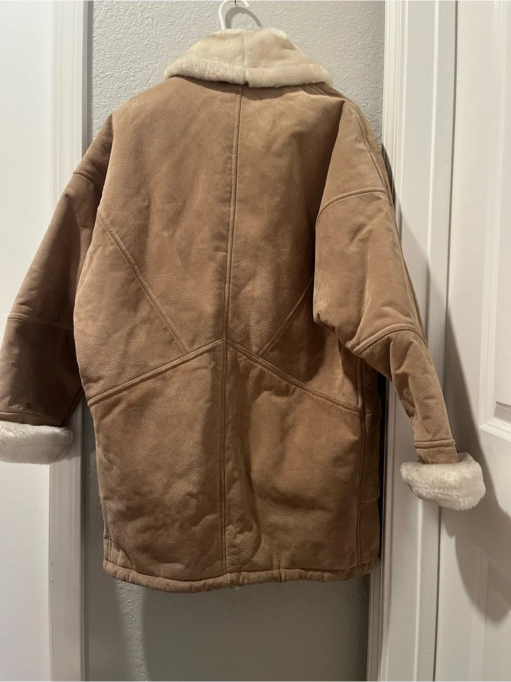 UNISEX Wilsons Leather Women's Tan Coat with Cream Faux-Shearling Trim